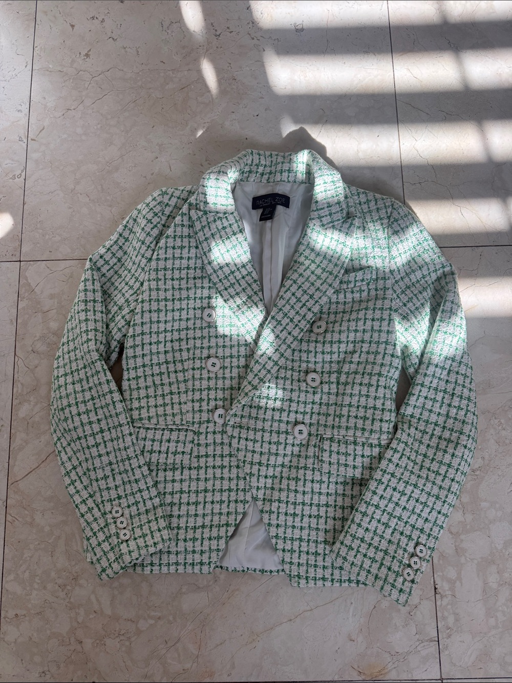 Rachel Zoe Green and White Tweed Double-Breasted Blazer